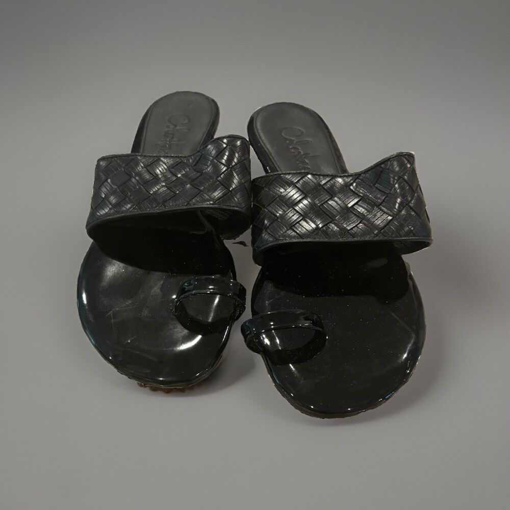 Cole Haan Patient Leather Woven Black Slide Sandals Toe Loop Block Heel Size 6.5